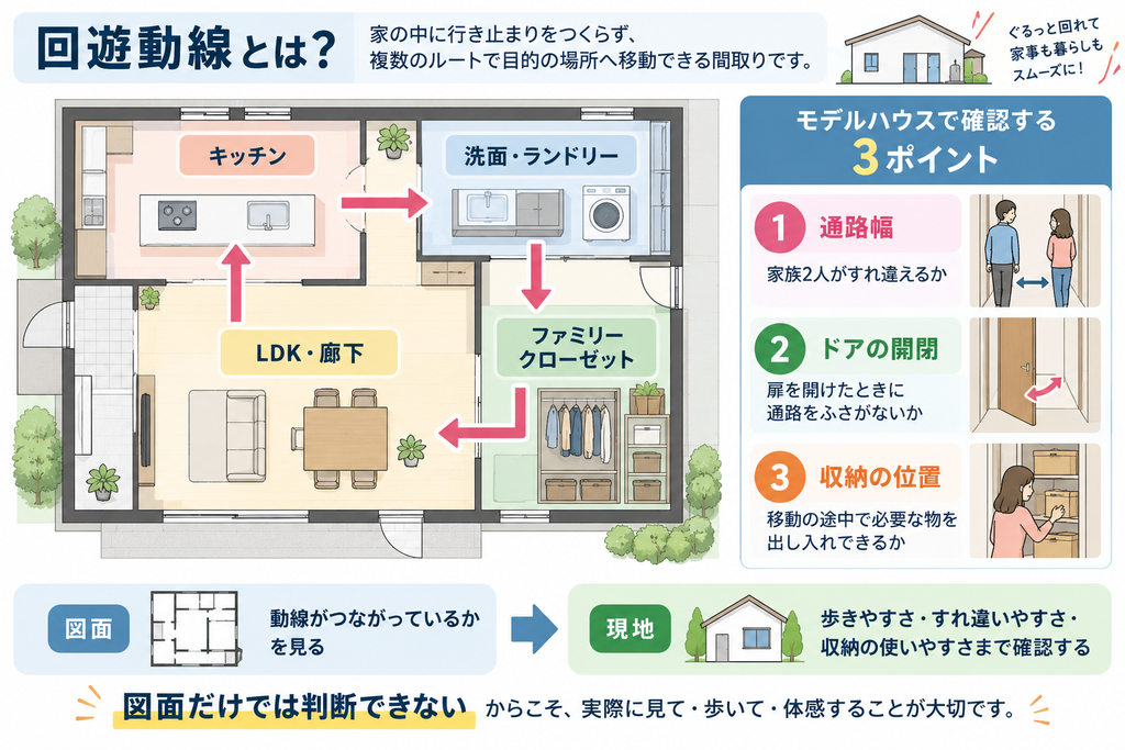 キッチン、洗面・ランドリー、ファミリークローゼット、LDK・廊下を一周できる平屋の回遊動線を示した間取り図。通路幅、ドアの開閉、収納位置の3点をモデルハウスで確認し、図面だけでなく実際の歩きやすさも確認する重要性を紹介している。