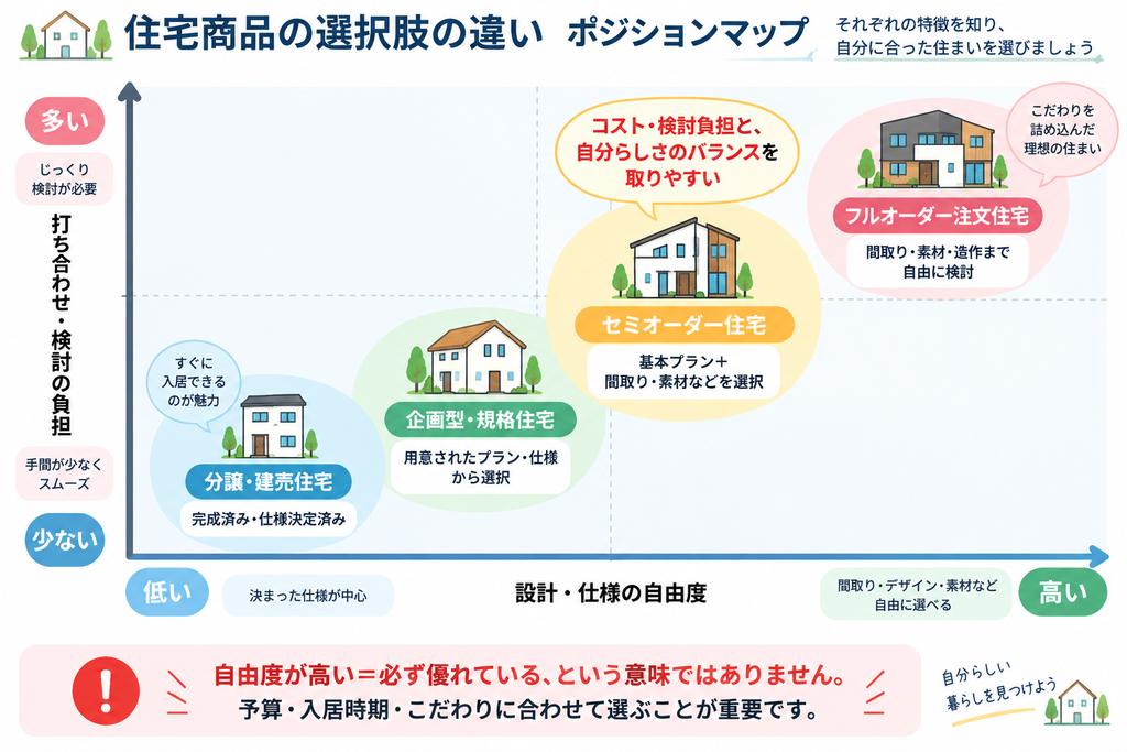 住宅商品の違いを「設計・仕様の自由度」と「打ち合わせ・検討の負担」の2軸で比較したポジションマップ。分譲・建売、規格住宅、セミオーダー、フルオーダーを配置し、セミオーダーはコストや負担と自分らしさのバランスを取りやすい選択肢として示している。