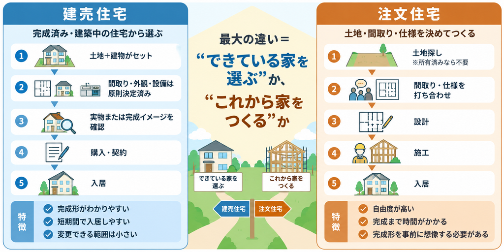 建売住宅は、土地・建物や間取り・設備がほぼ決まった住宅を選んで購入する方式。注文住宅は、土地探しから間取り・仕様を決めて建てるため、自由度が高い一方、完成まで時間がかかります。