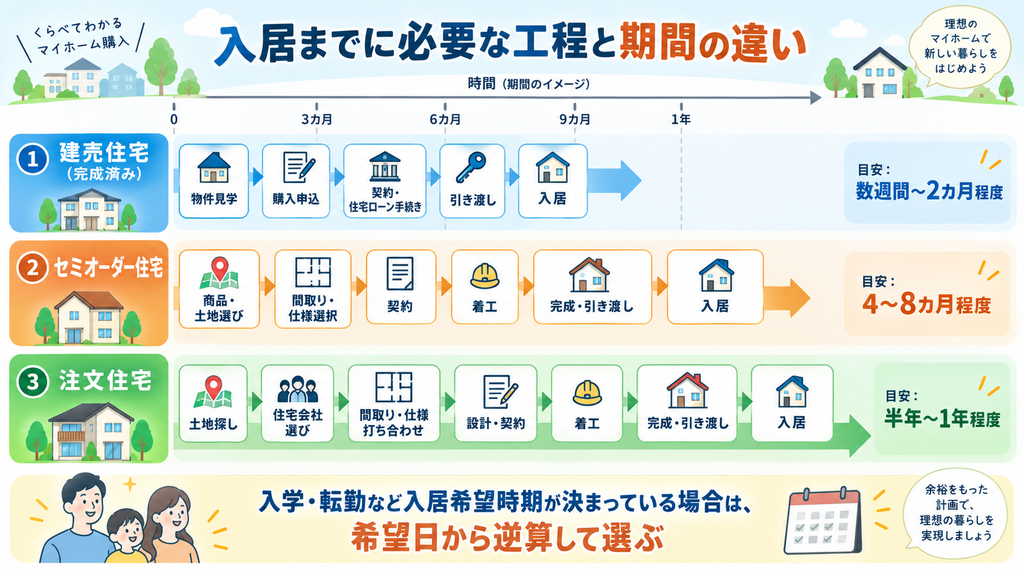 入居までの目安は、完成済み建売住宅が数週間〜2カ月、セミオーダー住宅が4〜8カ月、注文住宅が半年〜1年程度。工程数も建売住宅が最も少なく、セミオーダー、注文住宅の順に多くなるため、希望入居日から逆算した計画が重要です。