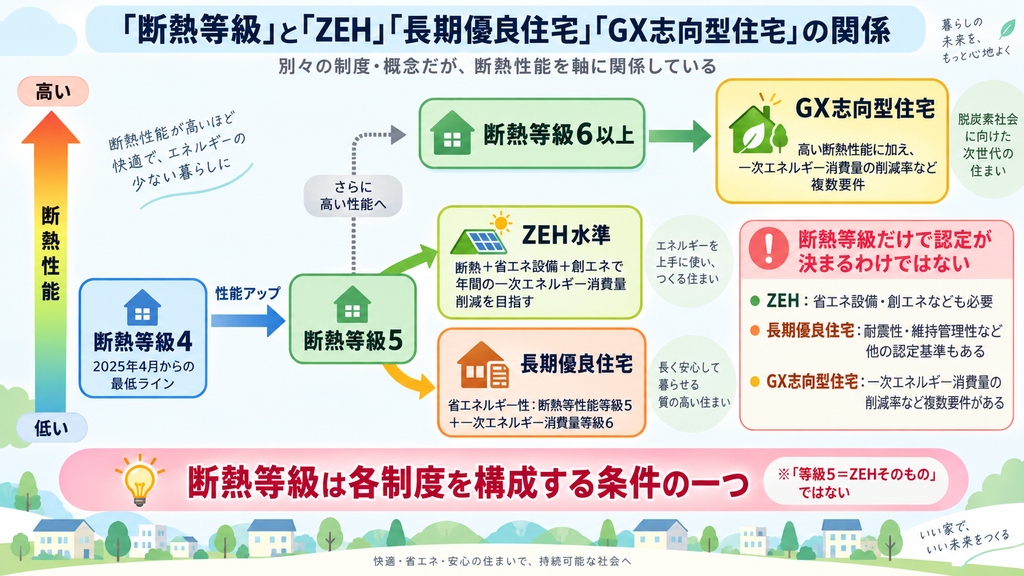 断熱性能を軸に、断熱等級4・5・6以上と、ZEH水準、長期優良住宅、GX志向型住宅の関係を整理した概念図。断熱等級は各制度の条件の一つであり、省エネ設備や創エネ、耐震性、一次エネルギー消費量など他の要件も必要であることを示している。