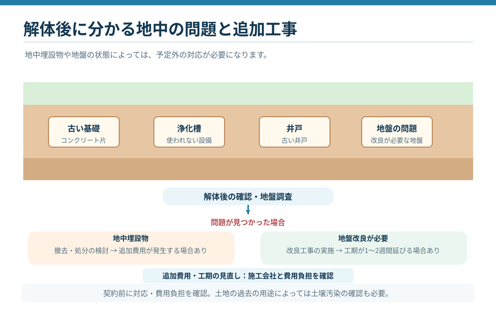 建て替えの解体後に見つかる地中埋設物や地盤の問題。古い基礎、浄化槽、井戸と追加工事の流れ