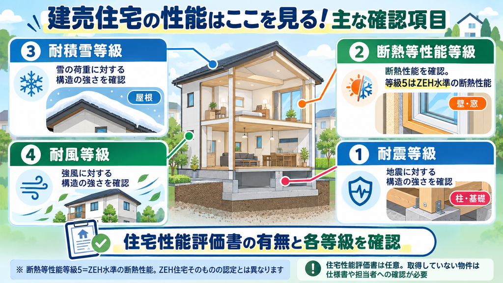 建売住宅の性能を確認する4つの評価項目を説明した図解。耐震等級・断熱等性能等級・耐積雪等級・耐風等級の違いと住宅性能評価書の確認ポイントを紹介。