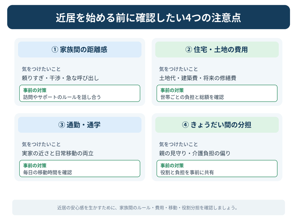 近居のデメリットと対策をまとめた図解。親との距離感、土地・住宅費用、通勤・通学、きょうだい間の介護負担の4つの注意点