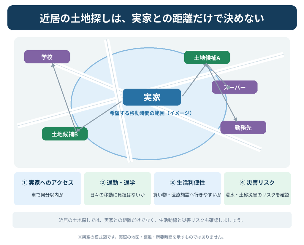近居の注文住宅に向けた土地探しのポイント。実家からの距離、通勤・通学、生活利便性、災害リスクを確認するエリア選定図