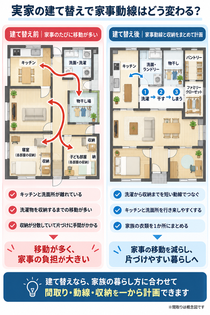 実家の建て替え前後の間取りと家事動線を比較した図解。建て替え前の長い移動経路と、建て替え後のキッチン・ランドリー・物干し場・ファミリークローゼットをつなぐ効率的な家事動線を紹介。