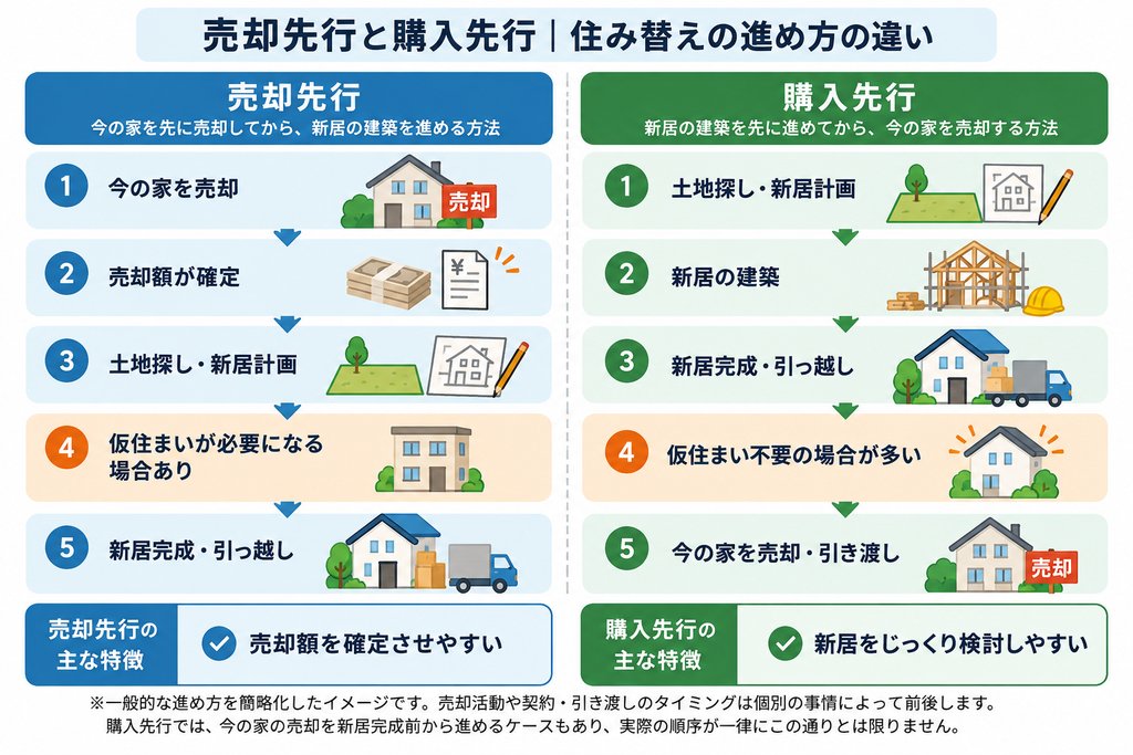 注文住宅への住み替えにおける売却先行と購入先行の違いを比較したフロー図。売却・建築・仮住まい・引っ越しの順序を解説
