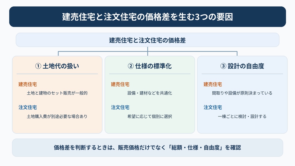 建売住宅と注文住宅の価格差を生む土地代の扱い・仕様の標準化・設計自由度の3つの要因を比較した図解