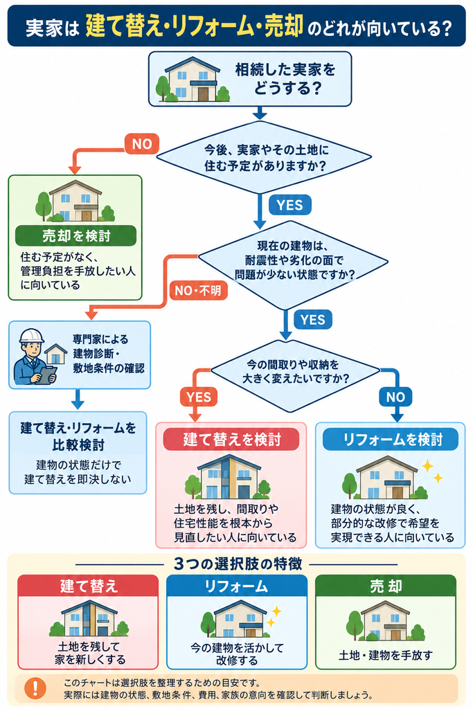 相続した実家は建て替え・リフォーム・売却のどれが向いているかを判断する診断フローチャート。居住予定、建物の耐震性や劣化状態、間取りへの不満をもとに3つの選択肢を整理。